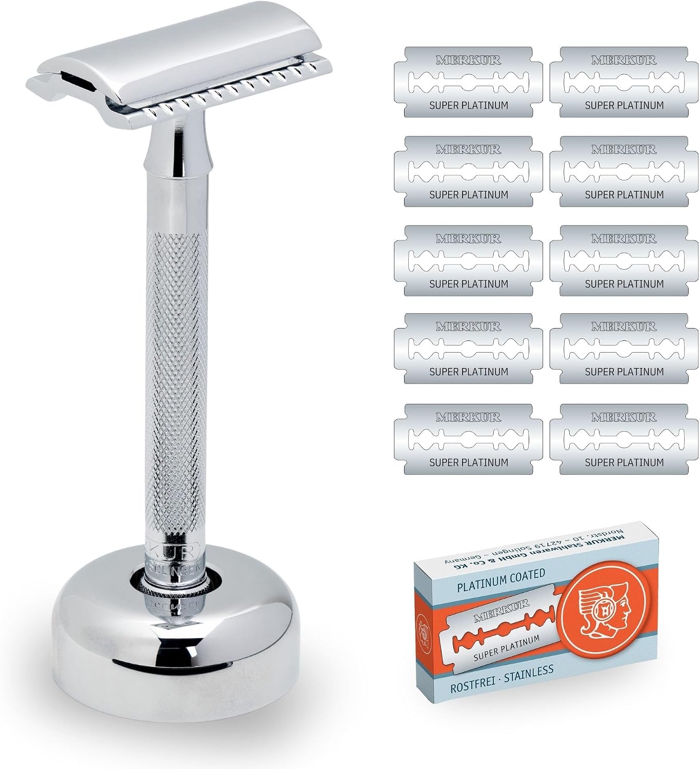 MERKUR 2381 Shaving Set with Stand Glossy Chrome | Three-Piece Razor with Straight Cut | Ideal for Wet Shaving | Die-Cast Zinc | Brass Handle | Made in Germany
