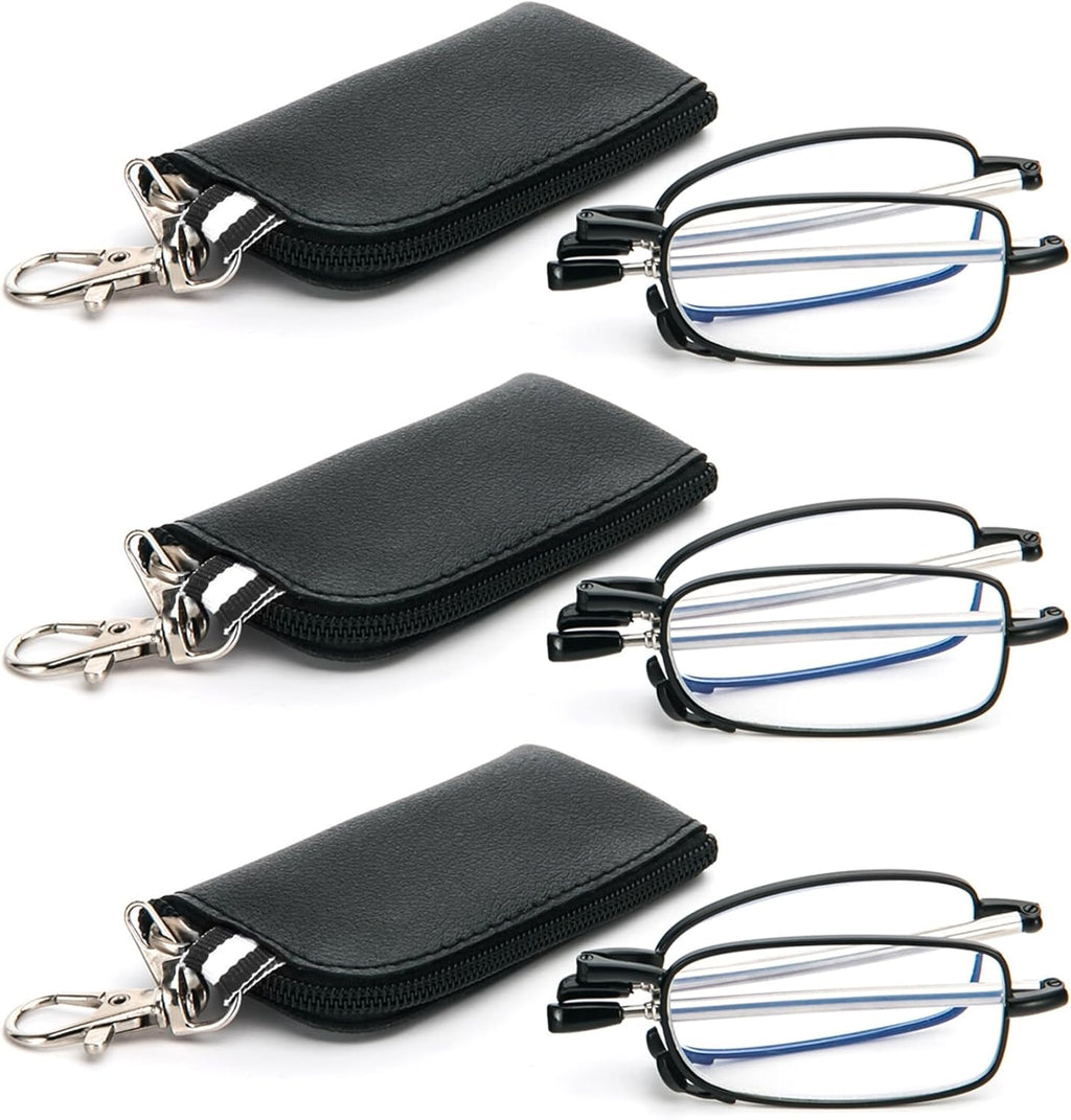 3 Pack Folding Reading Glasses with Keychain Compact Bags Women Men Blue Light Blocking Spring Hinge Portable Pocket Readers,Black 2.5