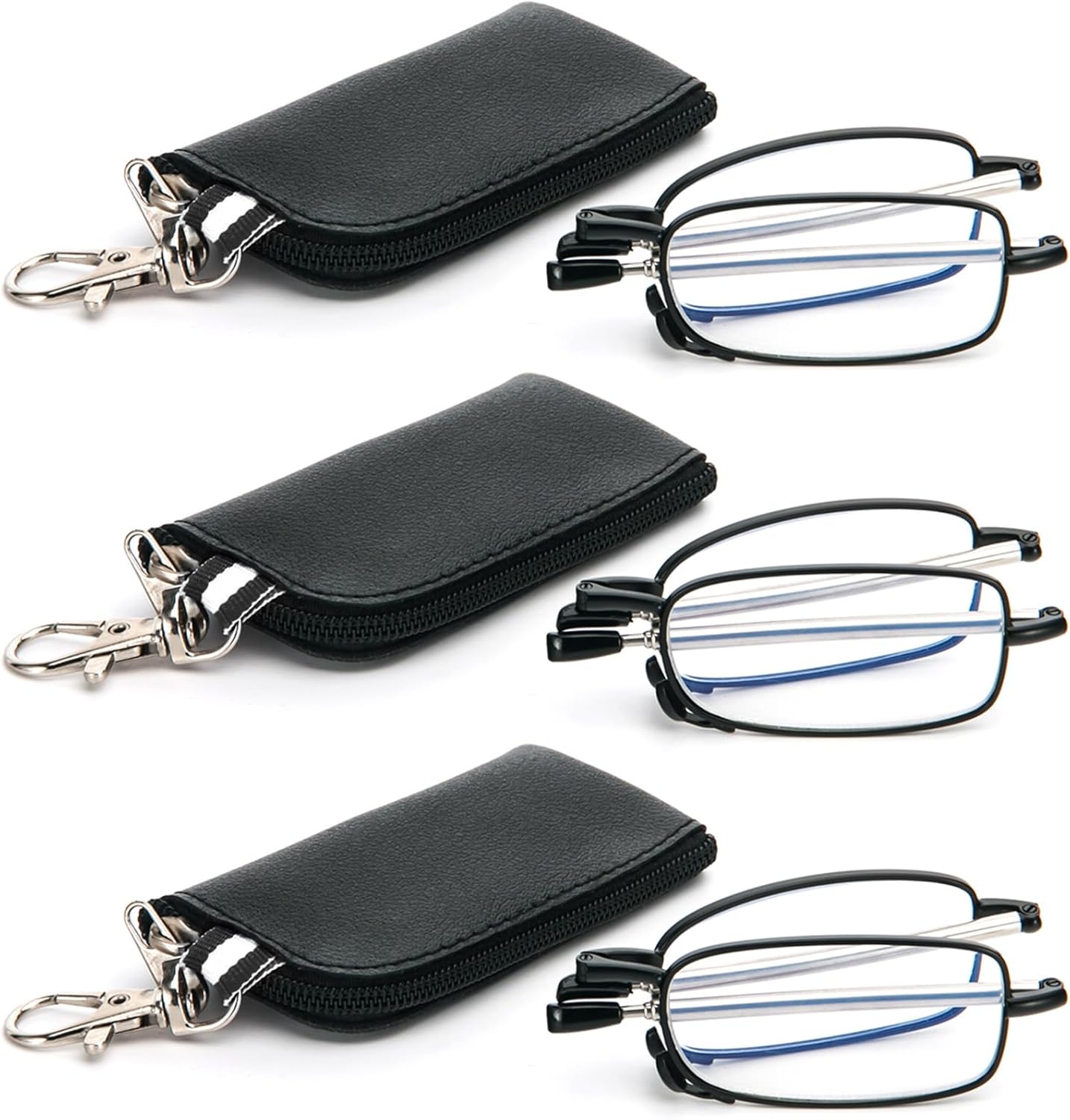3 Pack Folding Reading Glasses with Keychain Compact Bags Women Men Blue Light Blocking Spring Hinge Portable Pocket Readers,Black 1.5