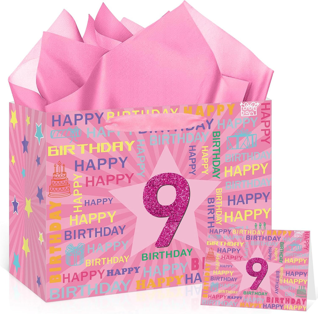 Woosytoo 9th Birthday Gift Bag for Girls with Tissue Paper & Card Pink Happy 9th Birthday Gift Wrapping Bag - Cute Glitter Star Party Supplies for Daughter Niece 9 Year Old