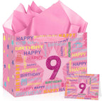 Woosytoo 9th Birthday Gift Bag for Girls with Tissue Paper & Card Pink Happy 9th Birthday Gift Wrapping Bag - Cute Glitter Star Party Supplies for Daughter Niece 9 Year Old
