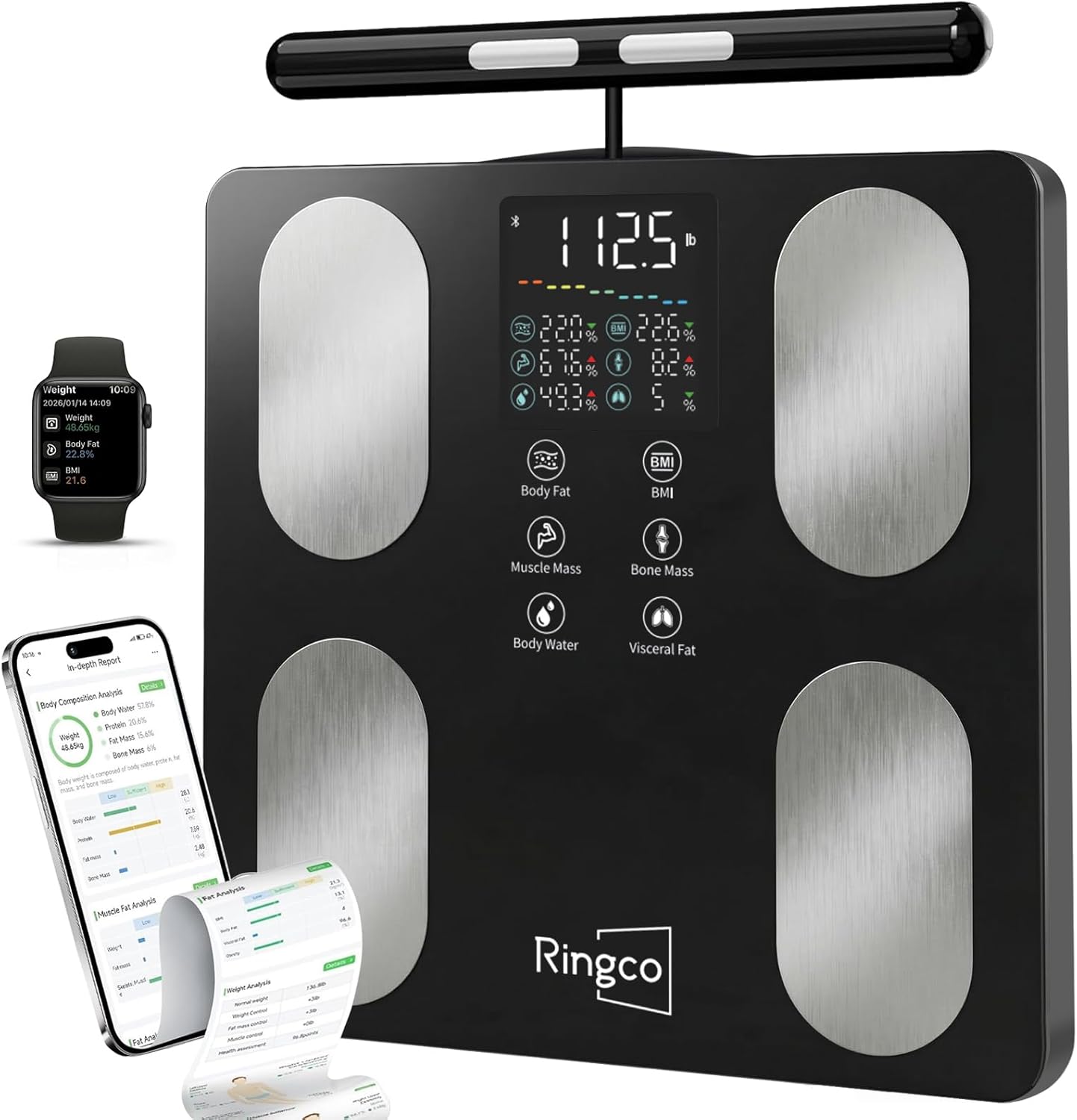 Ringco Body Pod Scale, Smart Scale with BMI Body Fat Muscle Mass, 8-Electrode High Precision Digital Bathroom Composition Analyzer with 12.2" Large Platform and 4.8" Display