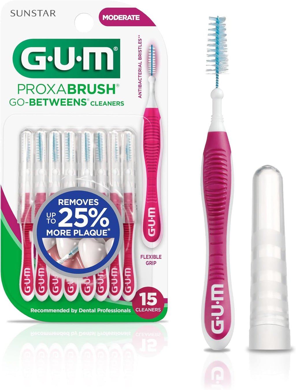 GUM Proxabrush Go-Betweens - Moderate - Interdental Brushes - Soft Bristled Dental Picks for Plaque Removal Health - Safe for Braces & Dental Devices, 15 Count