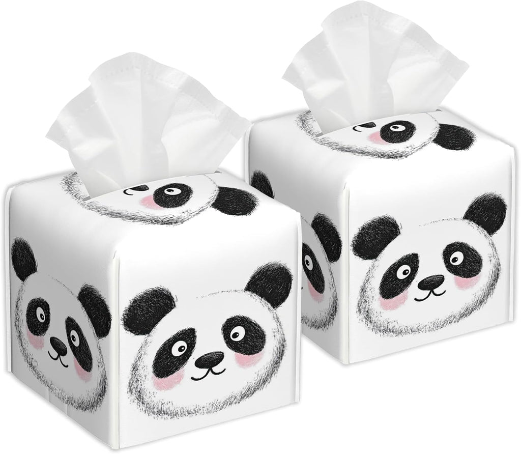 Cute Panda Square Tissue Box Holder Waterproof Leather Facial Paper Organizer Dispenser for Bathroom Home Kitchen Car Nightstand Vanity Desk，2Pack