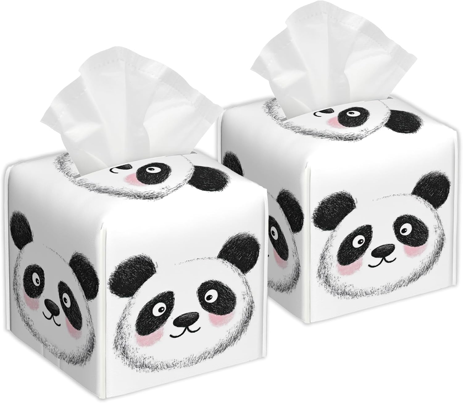Cute Panda Square Tissue Box Holder Waterproof Leather Facial Paper Organizer Dispenser for Bathroom Home Kitchen Car Nightstand Vanity Desk，2Pack