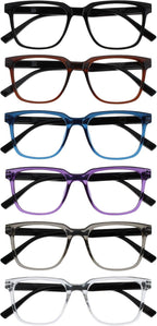 OPULIZE LEO Reading Glasses for Women Men, Large Rectangular Frame with Spring Hinges, Black Brown Blue Purple Grey Clear +1.50 (Pack of 6)