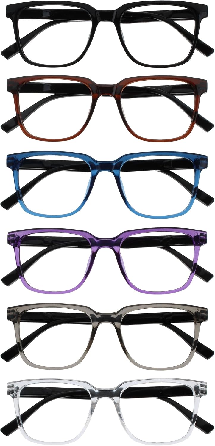 OPULIZE LEO Reading Glasses for Women Men, Large Rectangular Frame with Spring Hinges, Black Brown Blue Purple Grey Clear +1.50 (Pack of 6)