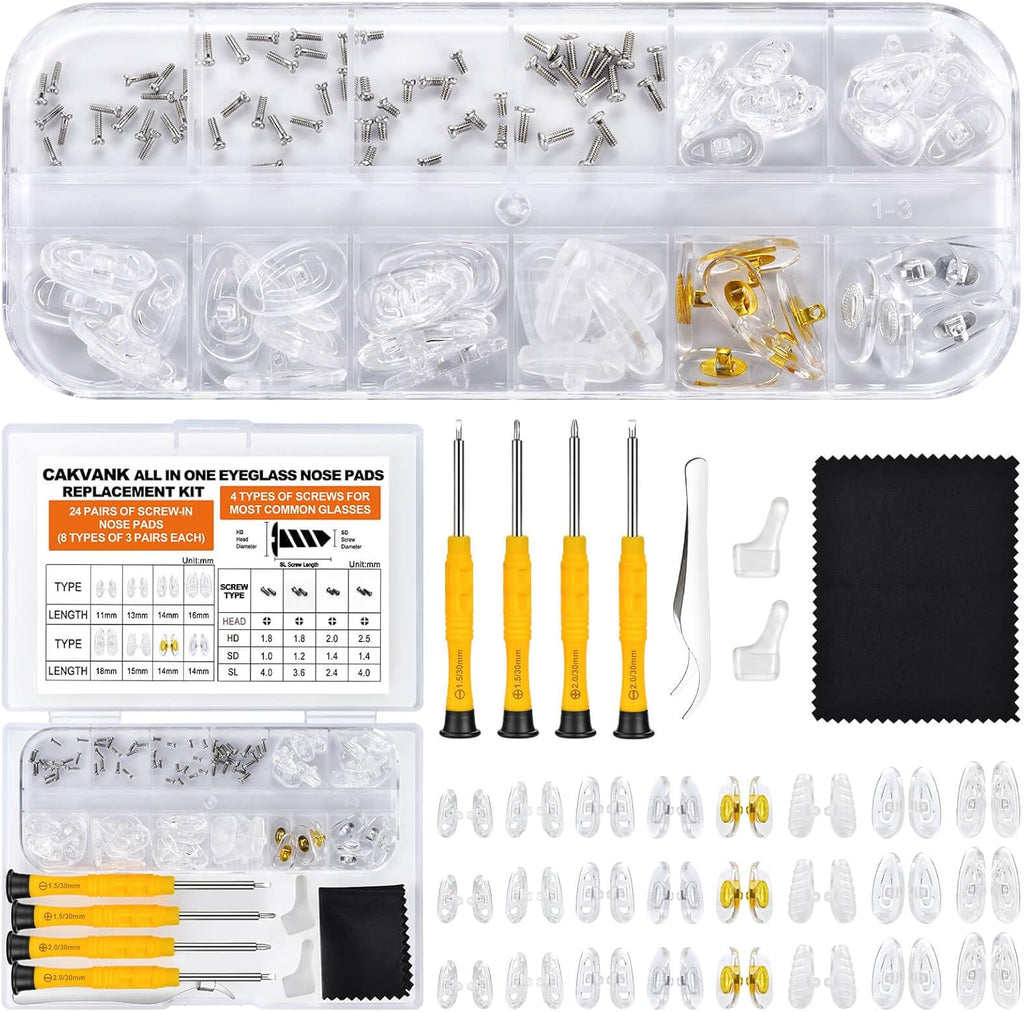 Eyeglass Nose Pads Replacement with 4 Sizes Screws, 24 Pairs Screw-in Glasses Nose Pads, Upgraded Eyeglass Repair Kit with Precision Screwdrivers, Tweezers, Glasses Cloth for Glasses, Sunglasses