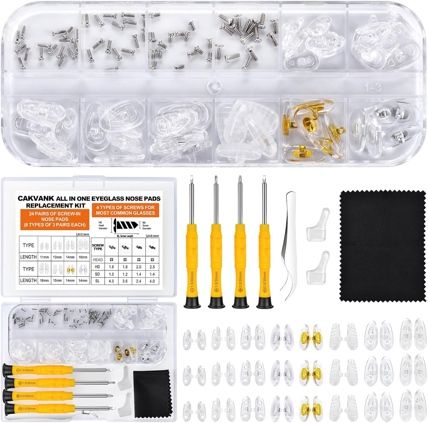 Eyeglass Nose Pads Replacement with 4 Sizes Screws, 24 Pairs Screw-in Glasses Nose Pads, Upgraded Eyeglass Repair Kit with Precision Screwdrivers, Tweezers, Glasses Cloth for Glasses, Sunglasses