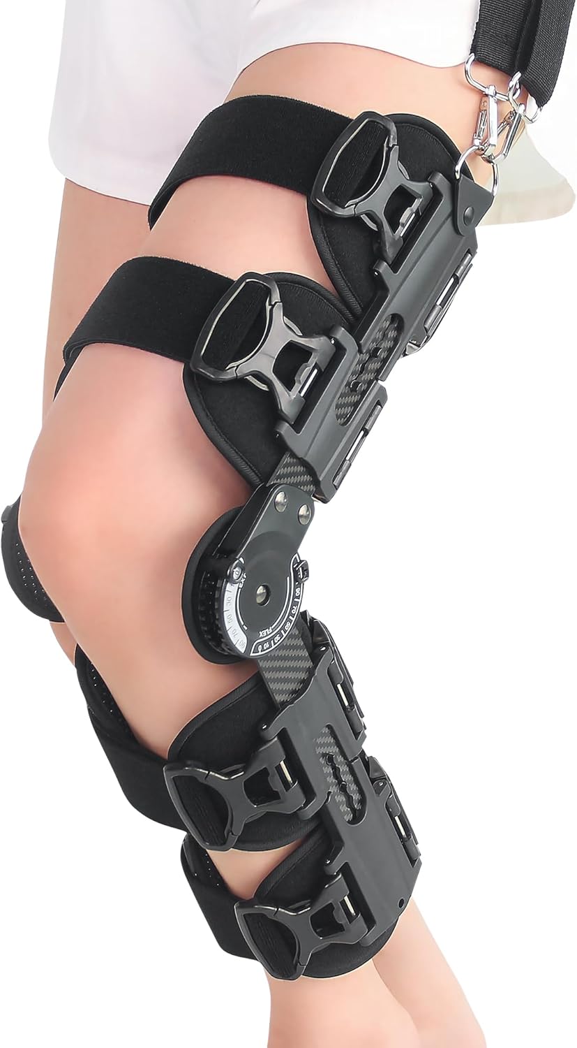 ROM Knee Brace with Shoulder Strap - Hinged Post OP Knee Brace Immobilizer Leg Braces Orthopedic Patella Knee Support Orthosis for ACL, PCL, MCL Injury, Meniscus Tear, Adjustable for Left and Right Leg