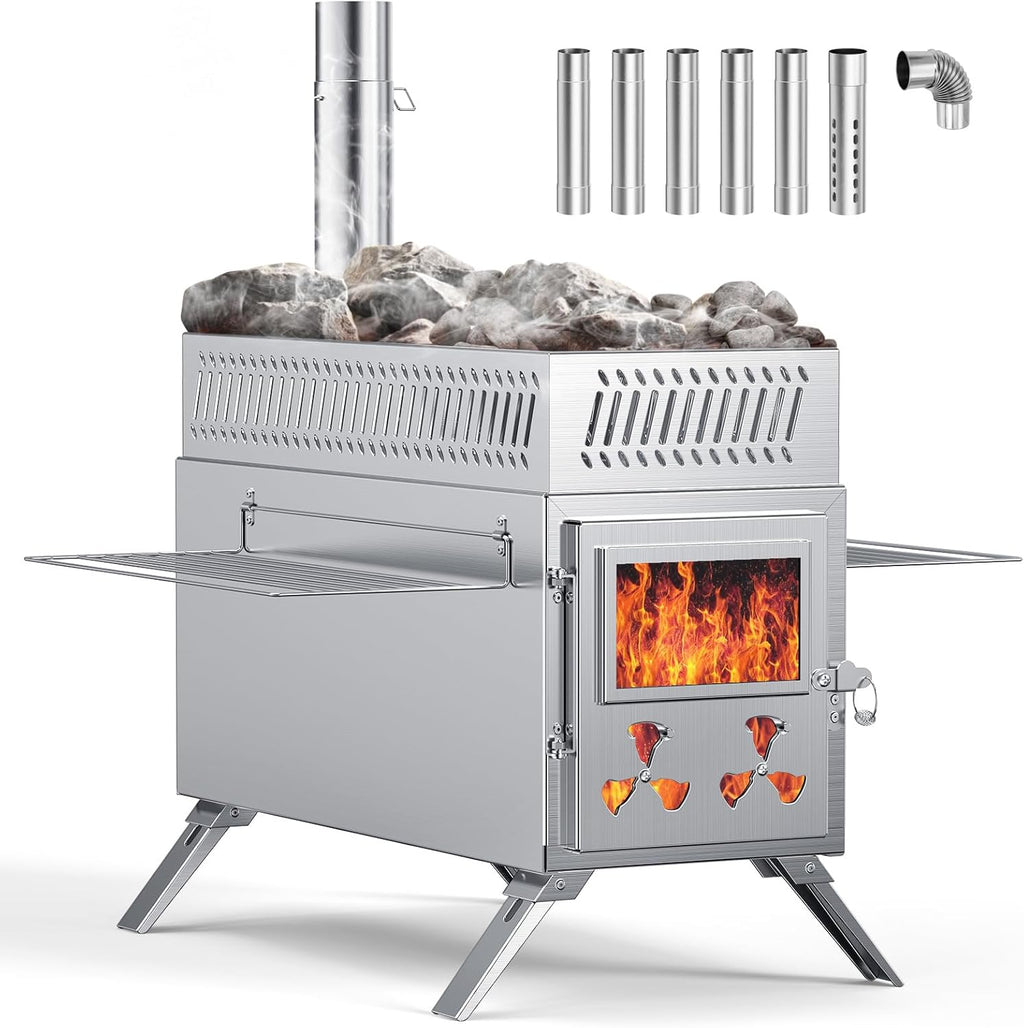 Upgraded Wood Burning Sauna Hot Tent Stove, 2 in 1 Tent Wood Burning Stove with Chimney Pipe for Outdoor Camping Heating, Camping, Hunting, Heating, Cooking, Ice Fishing, Boiling Water