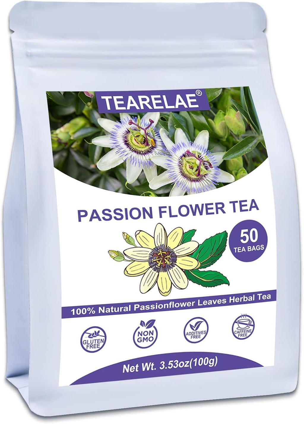 TEARELAE - Passion Flower Tea, 50 Count - Pure Passionflowers Leaves Tea Bags - Pasiflora Tea for Relaxation & Sleep- Non-GMO - Caffeine-Free