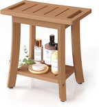 Waterproof Shower Benches for Inside Shower, Poly Lumber Shower Stool with Storage Shelf & Adjustable Feet, SPA Bathroom Seat Chair for Shaving Legs, Indoor or Outdoor Use, Teak Brown