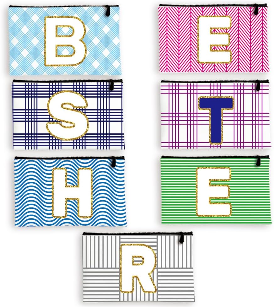 7 Sets Canvas Makeup Bags for Women,Multi-Purpose Travel Bulk Cosmetic Bags,Toiletry Organizer Pouch with Zipper,Multi-color Personalized Initial Patterns,6X9 Gifts for Girls Daughter