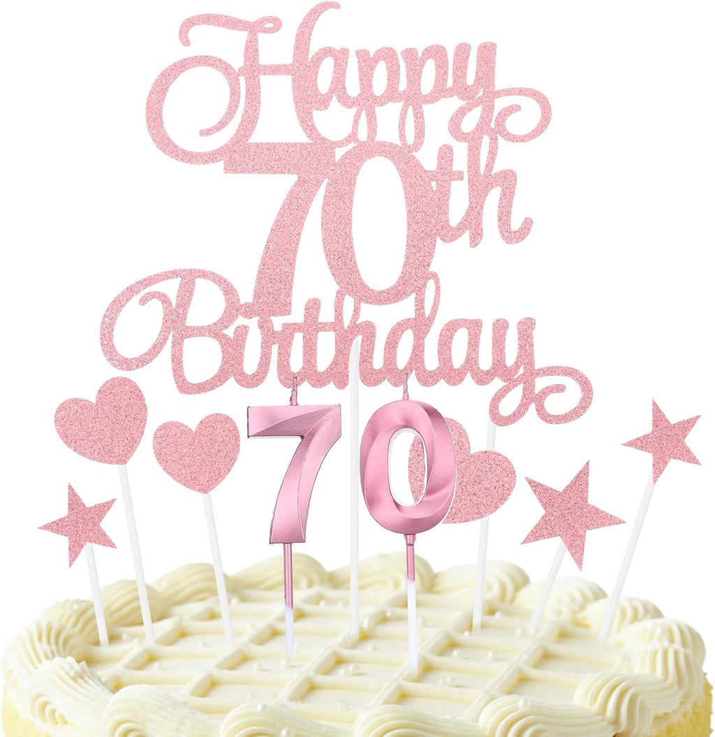 cobee 70th Birthday Cake Decorations, Glitter Happy 70th Birthday Cake Topper Set with Numeral Candles 70thBirthday Cakes Picks for Birthdays Party Supplies (Pink)