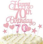 cobee 70th Birthday Cake Decorations, Glitter Happy 70th Birthday Cake Topper Set with Numeral Candles 70thBirthday Cakes Picks for Birthdays Party Supplies (Pink)