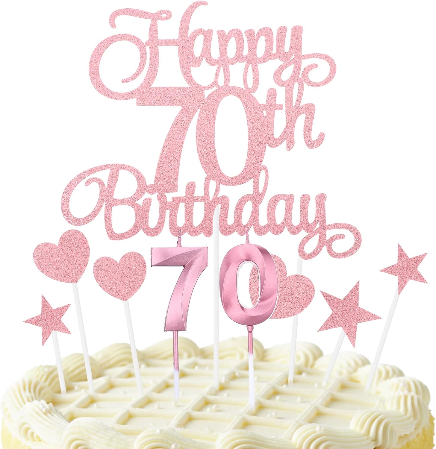 cobee 70th Birthday Cake Decorations, Glitter Happy 70th Birthday Cake Topper Set with Numeral Candles 70thBirthday Cakes Picks for Birthdays Party Supplies (Pink)
