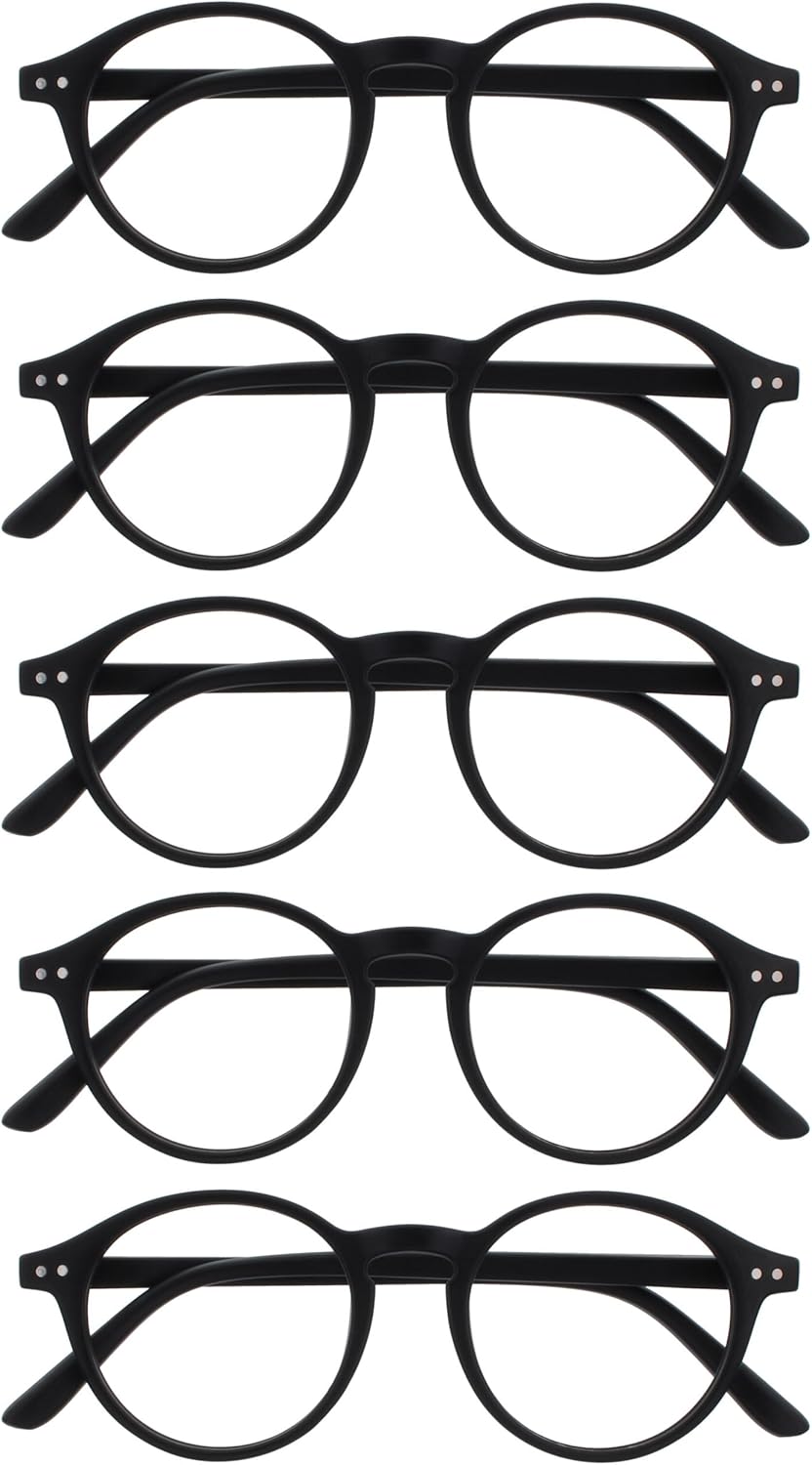 OPULIZE REY Reading Glasses for Women Men, Retro Round Frame with Spring Hinges, Matte Black +1.00 (Pack of 5)