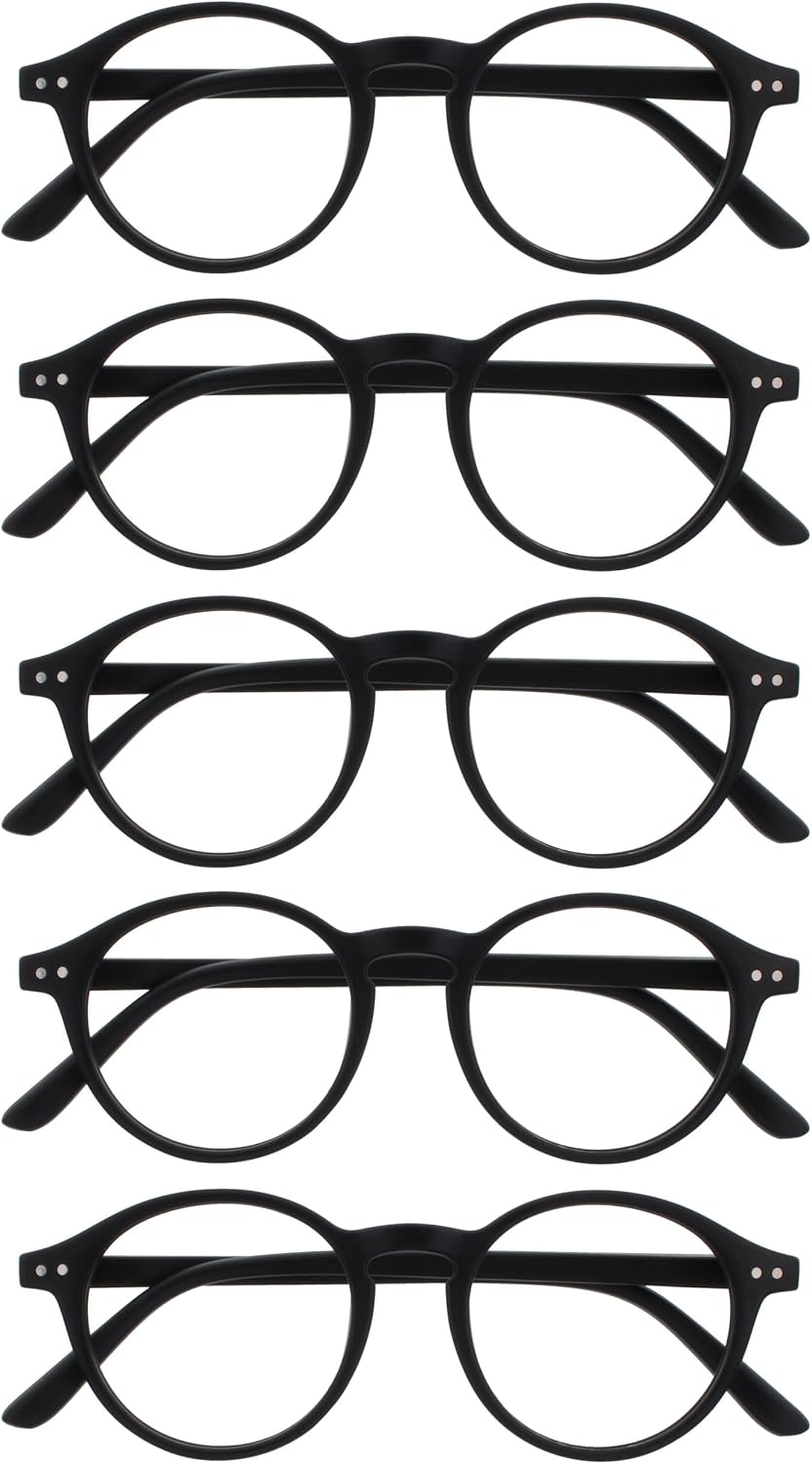 OPULIZE REY Reading Glasses for Women Men, Retro Round Frame with Spring Hinges, Matte Black +3.00 (Pack of 5)