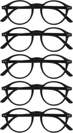 OPULIZE REY Reading Glasses for Women Men, Retro Round Frame with Spring Hinges, Matte Black +1.50 (Pack of 5)