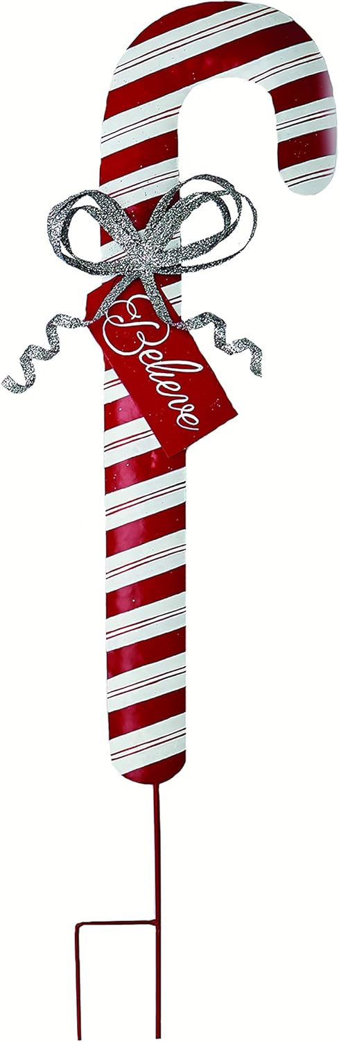 Worth Imports 36" Tin Candy Cane Stake, Red;White;Silver