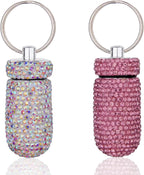 GOUWEIBA 2 Pieces Bling Pill Container Portable Pill Bottle Case Waterproof Travel Medicine Box Crystal Diamond Mini Pill Holder Storage with Keychain for Outdoor Camping Traveling (Pink, Silver)