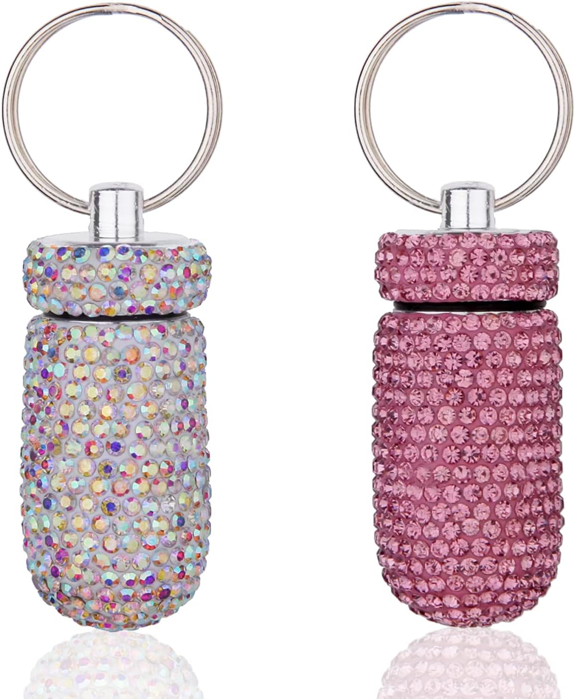 GOUWEIBA 2 Pieces Bling Pill Container Portable Pill Bottle Case Waterproof Travel Medicine Box Crystal Diamond Mini Pill Holder Storage with Keychain for Outdoor Camping Traveling (Pink, Silver)