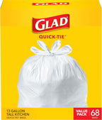 Glad Tall Kitchen Trash Bags 13 Gallon, Unscented Garbage Bags, Quick-Tie, 68 Count