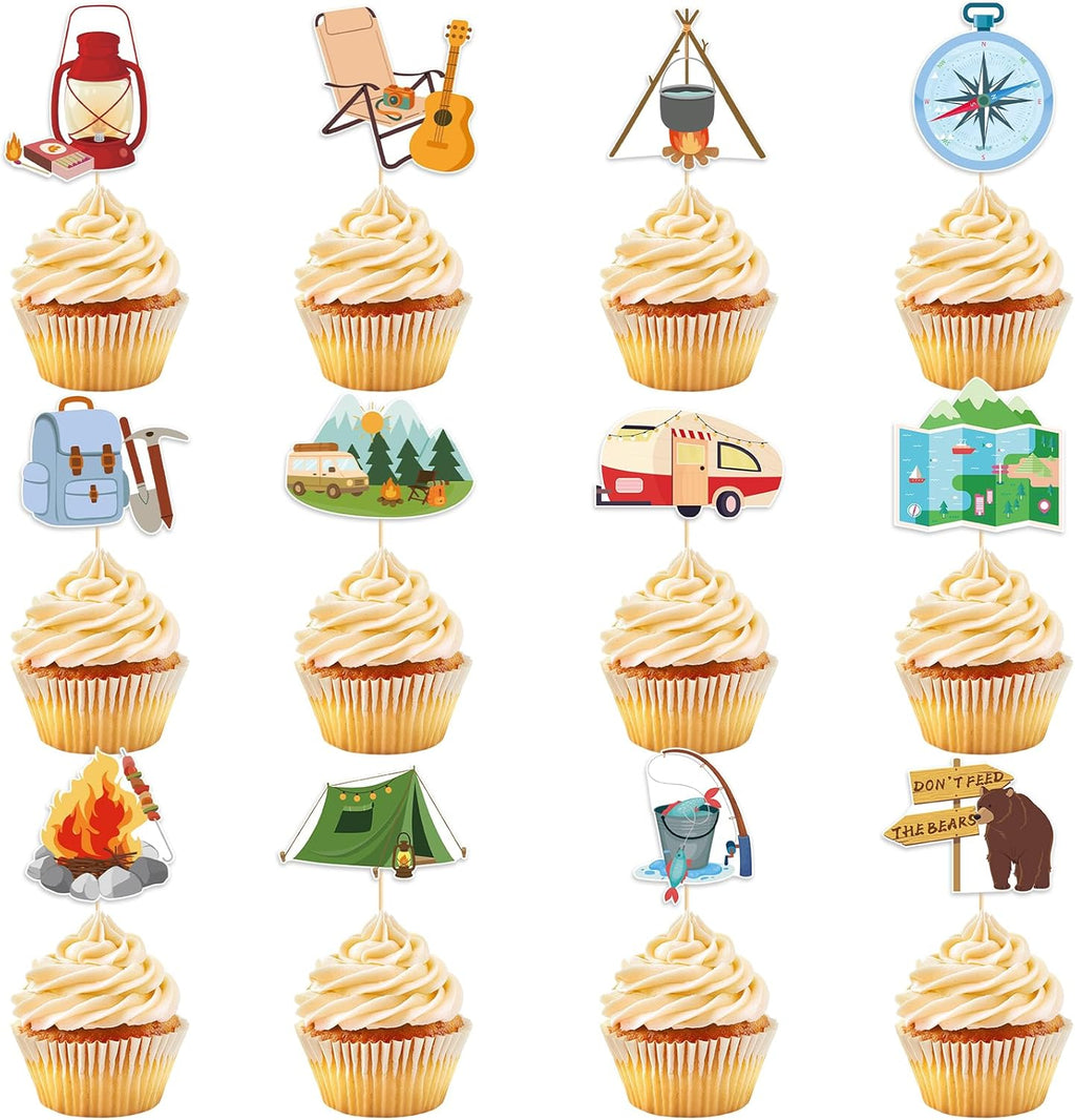 48 Pack Camping Cupcake Toppers Tree Tent Bonfire Guitar Cupcake Picks for Kids Camper Theme Woodland Adventure Party Baby Shower Birthday Party Decoration Supplies