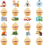 48 Pack Camping Cupcake Toppers Tree Tent Bonfire Guitar Cupcake Picks for Kids Camper Theme Woodland Adventure Party Baby Shower Birthday Party Decoration Supplies