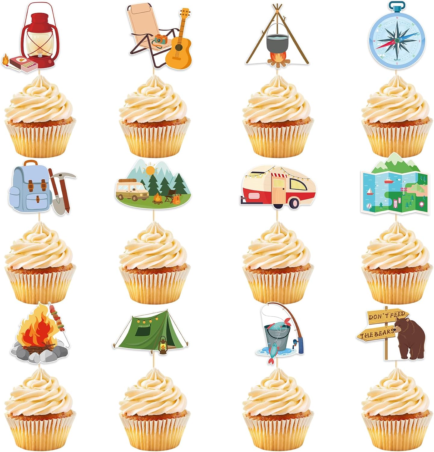 48 Pack Camping Cupcake Toppers Tree Tent Bonfire Guitar Cupcake Picks for Kids Camper Theme Woodland Adventure Party Baby Shower Birthday Party Decoration Supplies