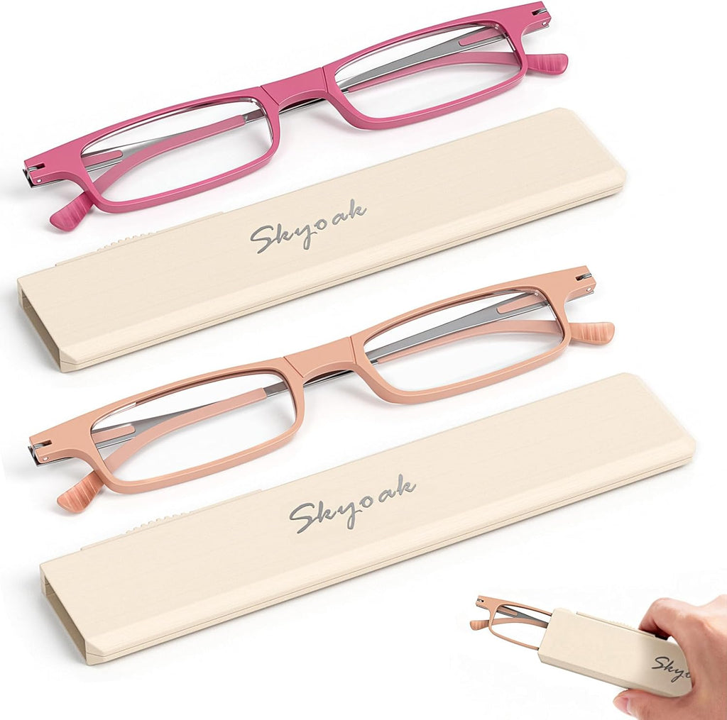SKYOAK 2 Pack Ultra Thin Lightweight Folding Reading Glasses for Women, TR90 Compact Anti Blue Light/Eyestrain Computer Readers, Foldable Unique Stretchable Slim Flat Case, Rose and Pink +1.0