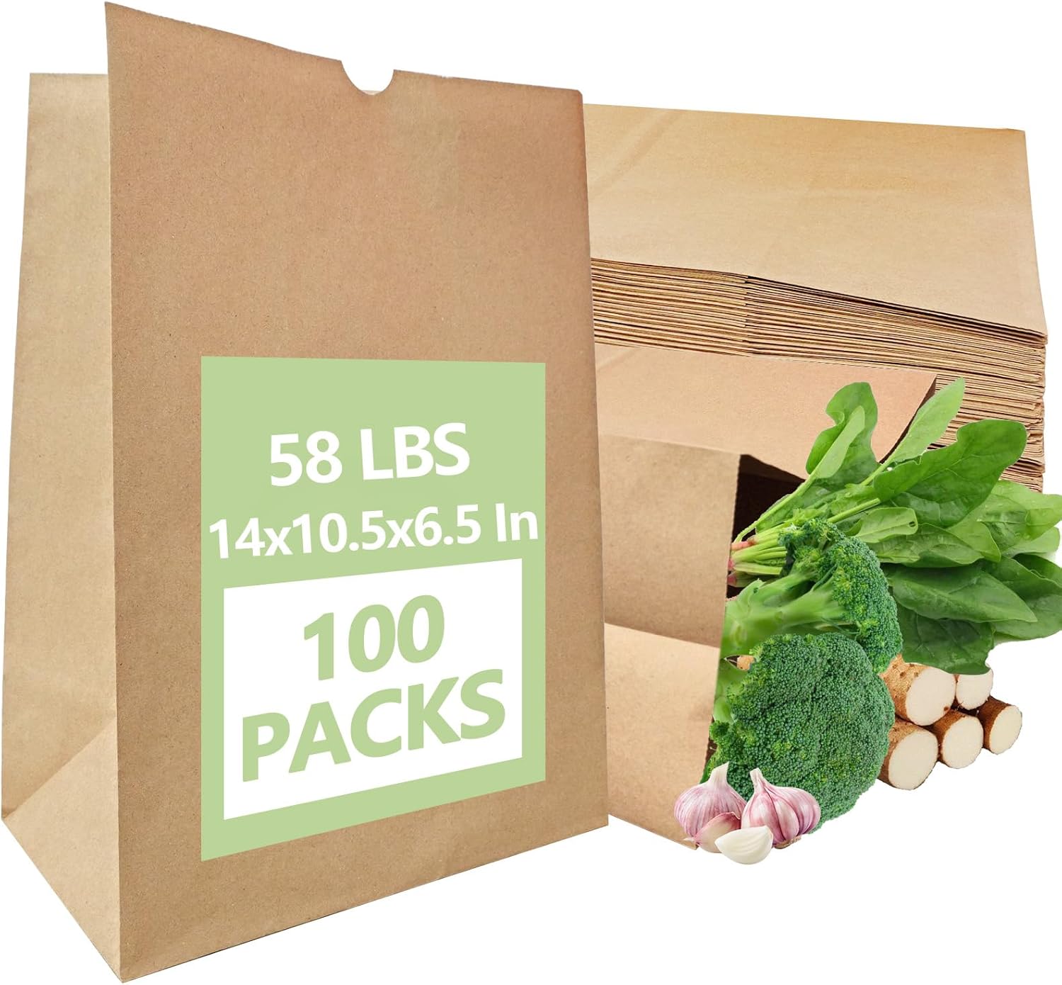 100 Pack Paper Kraft Paper Bags,58 Lbs Heavy Duty Large Grocery Brown Bag,14x10.5x6.5 Inch Bags for Storage,Take out,Shopping,Sacks