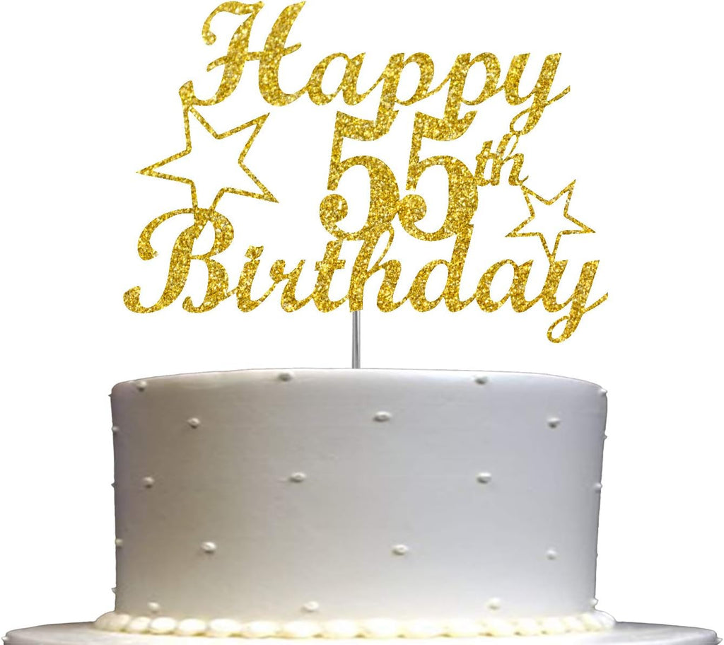 55 Birthday Cake Topper Gold Glitter, Party Decoration Ideas, Premium Quality, Sturdy Doubled Sided Glitter, Acrylic Stick. Made in USA (55th)