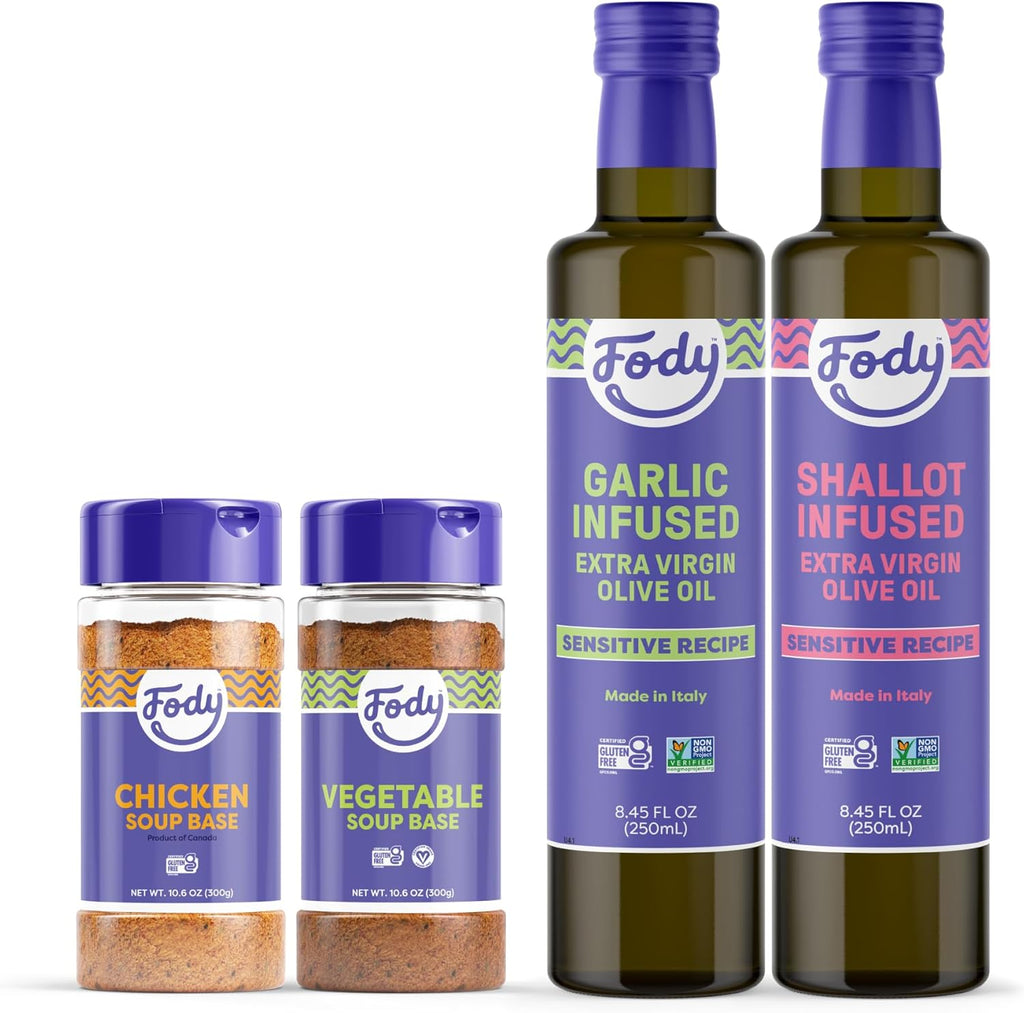 Fody Foods Cooking Bundle | Chicken & Vegetable Soup Base, Garlic & Shallot Infused Olive Oil | Low FODMAP | Gut & IBS Friendly No Onions | 10.6 Ounce, Pack of 2, 8.4 Fl Ounce, Pack of 2