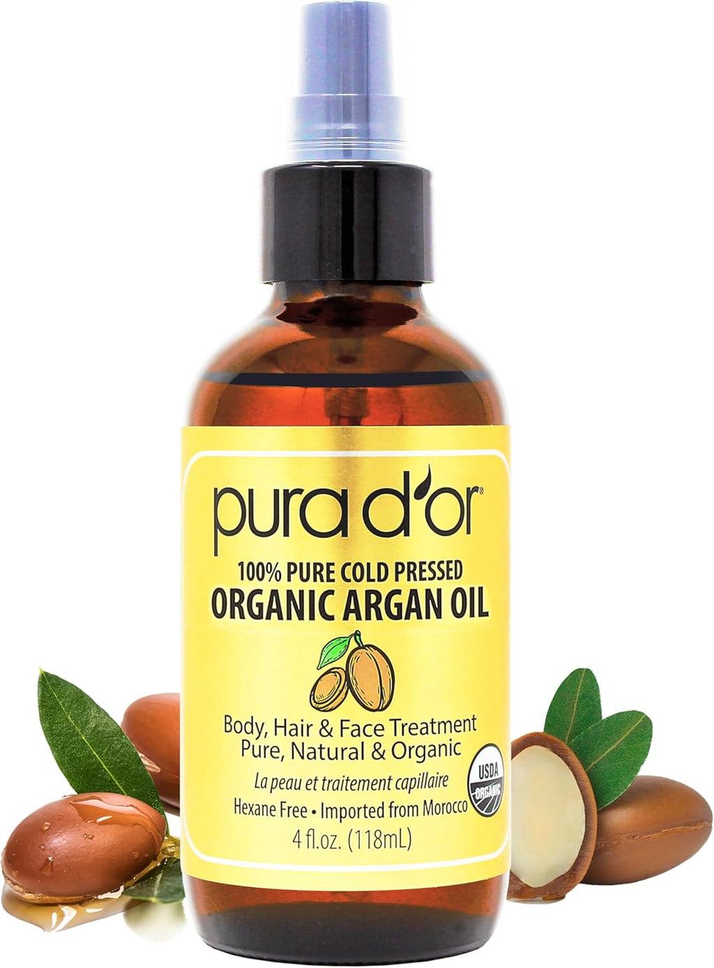 PURA D'OR 4 Oz Organic Moroccan Argan Oil – 100% Pure Cold-Pressed Virgin Grade – Lightweight Moisturizer for Skin, Face, Body & Hair Relaxer – Helps Dry Skin, Scalp Care, Split Ends, Nails & Cuticles