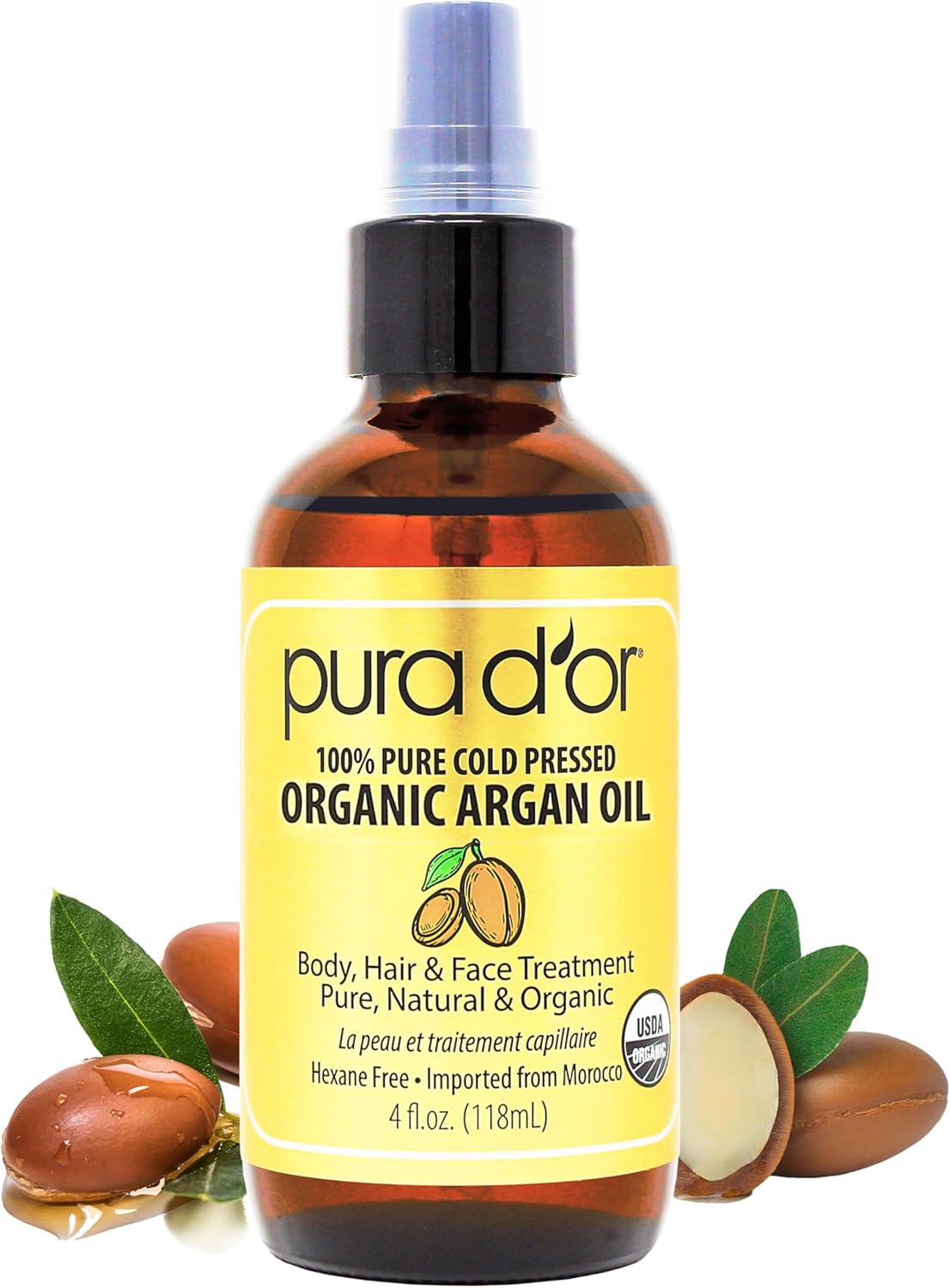 PURA D'OR 4 Oz Organic Moroccan Argan Oil – 100% Pure Cold-Pressed Virgin Grade – Lightweight Moisturizer for Skin, Face, Body & Hair Relaxer – Helps Dry Skin, Scalp Care, Split Ends, Nails & Cuticles