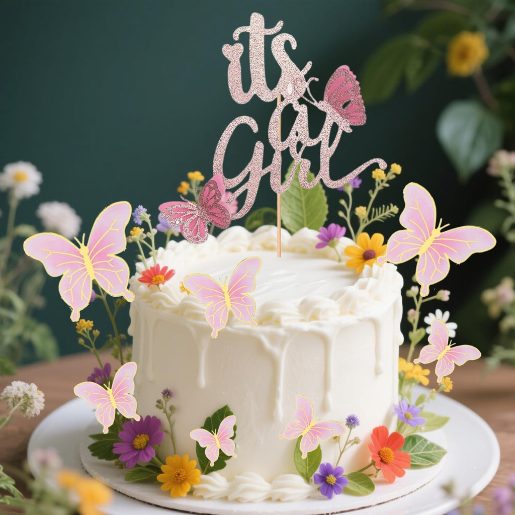ALISSAR New Double Sided Rose Gold Butterfly Baby Shower Cake Topper Set, It's A Girl Cake Topper and 16 Pieces Pink Butterflies Cupcake Toppers for Baby Girl Baby Shower Party Decorations