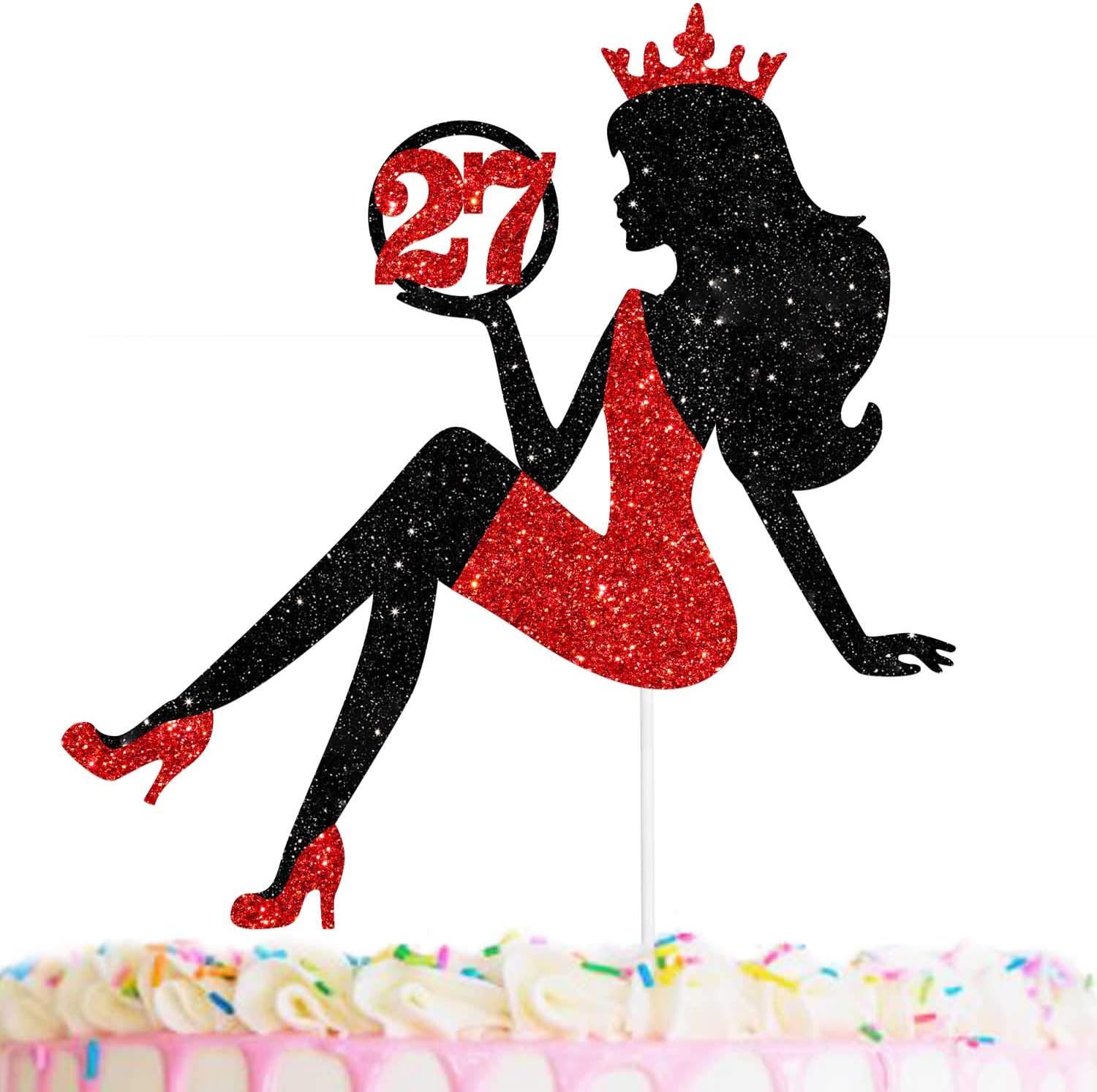 27 Red & Black Sitting Girl Silhouette Cake Topper Decorations with Glamour for Lady 27 Birthday Theme Queen Sexy Party Decor Supplies