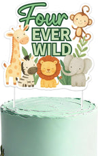 Four Ever Wild 4th Birthday Cake Topper,Jungle Safari Animal Party Decorations with Lion Giraffe Monkey Elephant Zebra for Wild Animals Themed Birthday Baby Shower Party Supplies