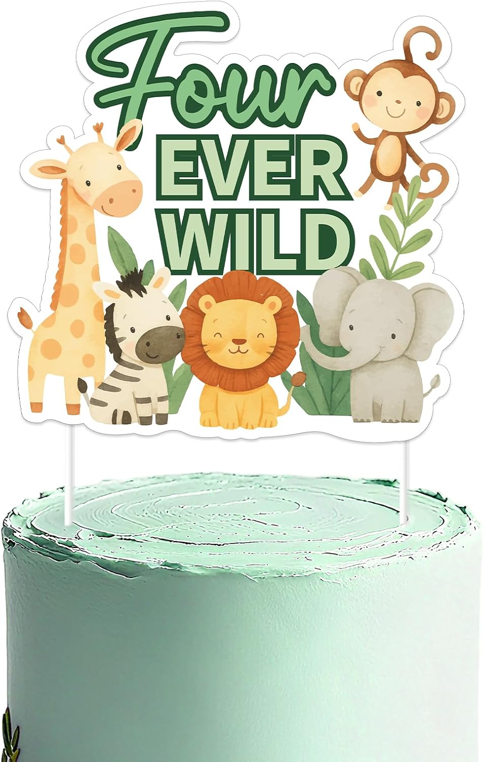 Four Ever Wild 4th Birthday Cake Topper,Jungle Safari Animal Party Decorations with Lion Giraffe Monkey Elephant Zebra for Wild Animals Themed Birthday Baby Shower Party Supplies