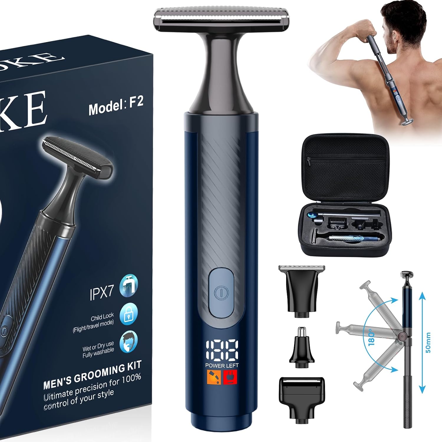FOKE Back Shaver for Men, Ultra-Wide 2" T-Shaped Head, Travel Case, LED 4 in 1 Mens Back Shaver Rechargeable with Long Handle, Safety Lock, IPX7, Multi-Functional Back Trimmer for Men, (Flat Black)
