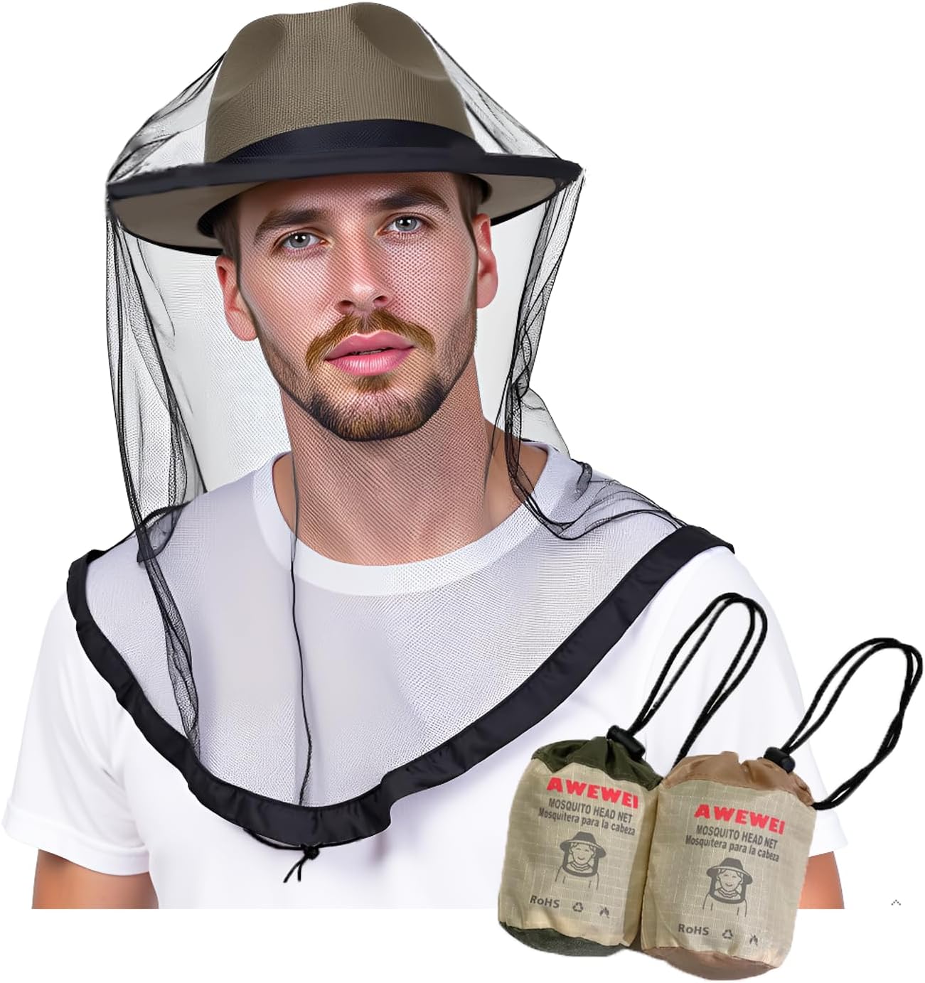 Mosquito Head Net, 2 Pack Ultra Fine Ice Silk Cooling Breathable Soft Large Long Mesh for Outdoors, Fits Most Hats