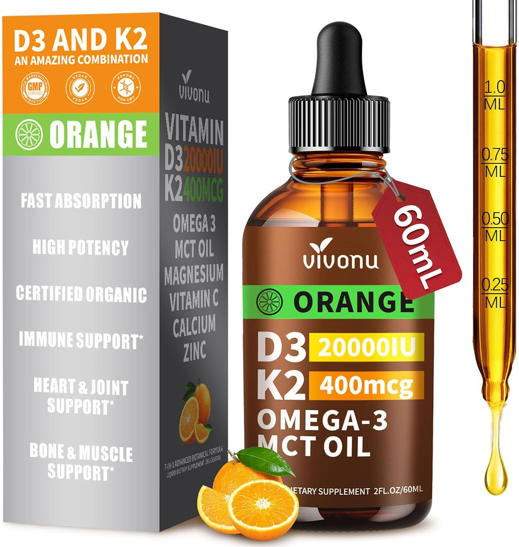 VivoNu Vitamin D3 K2 Drops, D3 20000 IU & K2 as MK-7 400mcg with Magnesium, Calcium, Zinc & Omega 3 for Immune*, Mood*, Bone* Health, Orange Flavor Vitamin D Liquid Drops Supplement 1 Bottle/2 Ounces