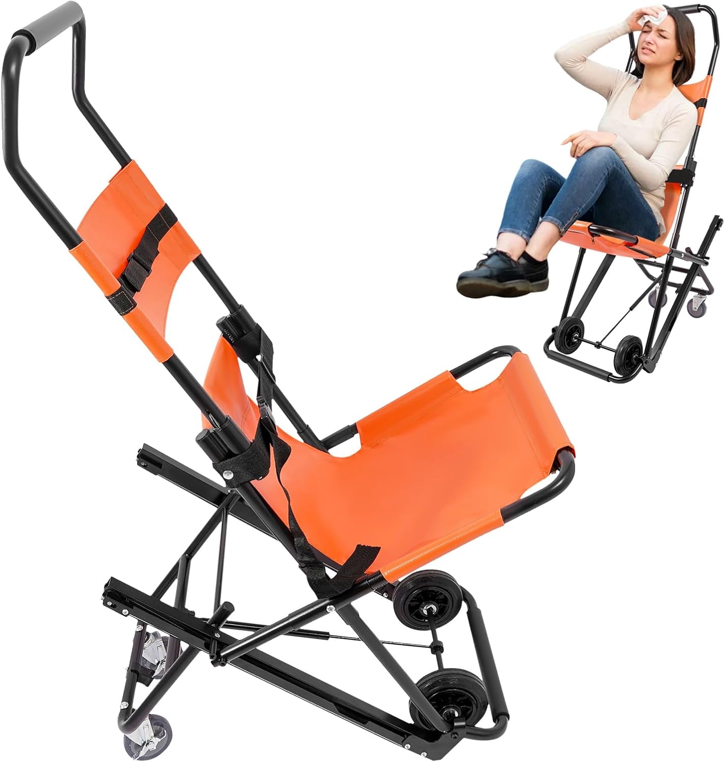 Portable Folding Stair Chair, 350lbs Capacity Emergency Evacuation Wheelchair, Track Design, Adjustable Headrest & Belts, No Assembly, Aluminum Alloy for Fire Ambulance Hospital Home (Orange)