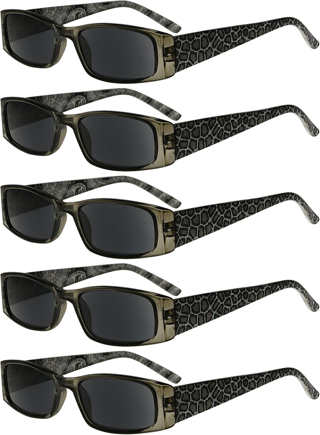 Eyekepper 5-Pack Spring Hinges Tiger Patterned Temples Rectangular Reading Sunglasses Sunshine Readers +2.25