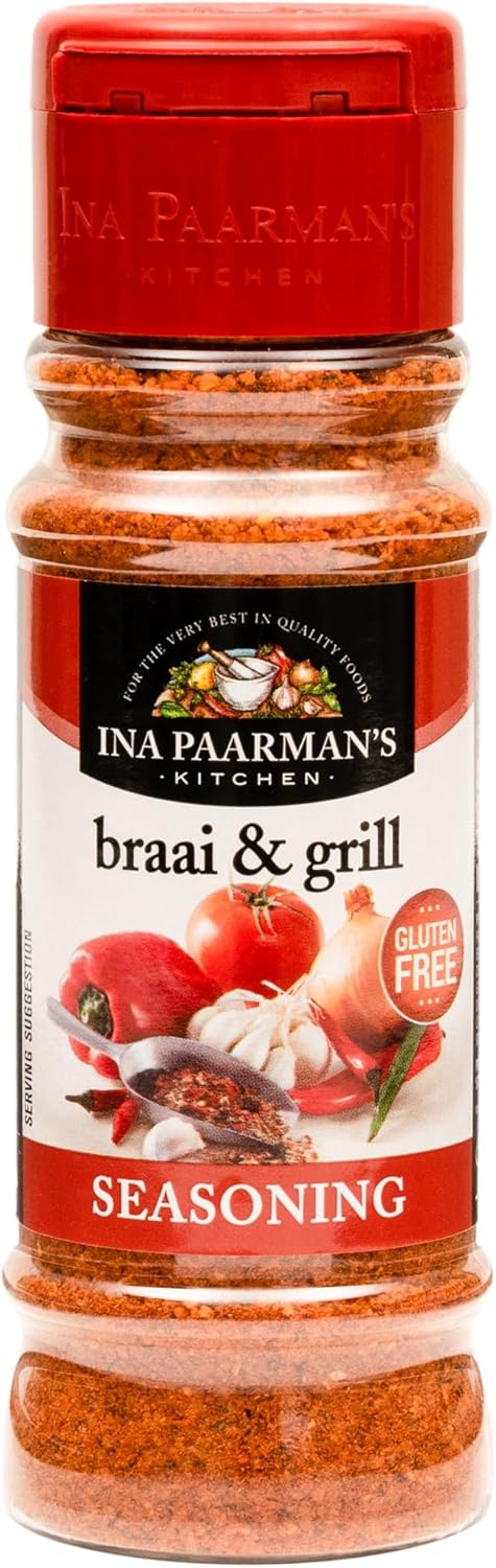 Ina Paarman | Braai & Grill Seasoning | 6.75 oz | Award Winning | Pairs with Beef, Lamb, Chicken, Pork, Fish, Veg | BBQ | Steak | Ribs | Natural Ingredients | Spice | Braai & Grill BBQ Seasoning