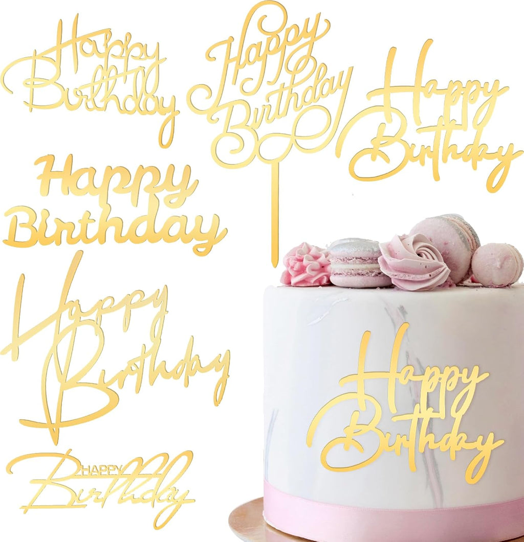 6 PCS Gold Happy Birthday Cake Toppers Mirror Side Cake Toppers DIY Acrylic Glitter Cake Inserts Celebration Birthday Party Event Side Cupcake Cake Decorations，Happy Birthday Side Cake Topper