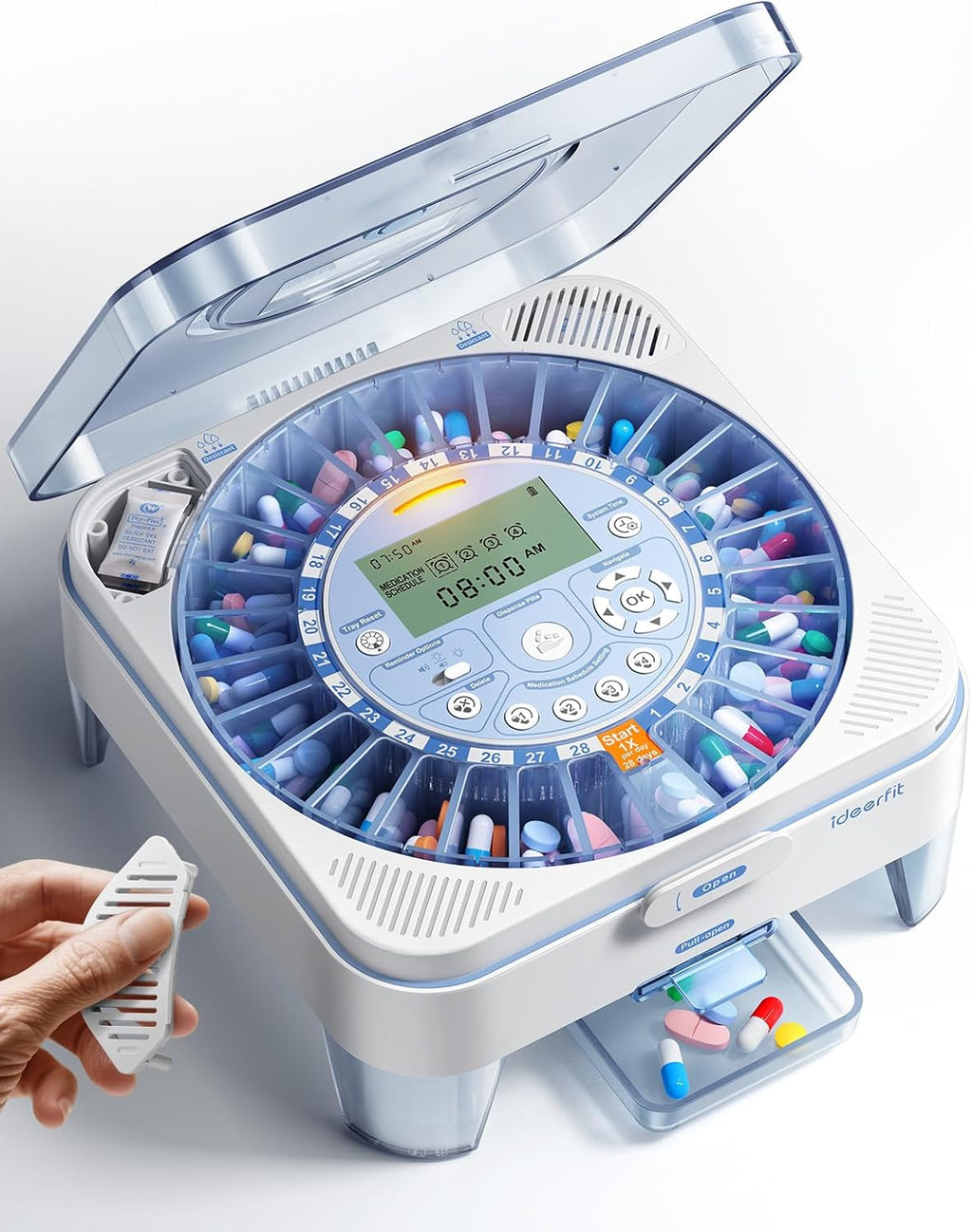28-Day(1X) Automatic Pill Dispenser – One-Press Daily Dispense (No APP), Easy-to-Use Slide-Door Cup, Sound & Light Alerts, Moisture-Proof Dual Desiccants, Large Compartments for Tablets & Capsules