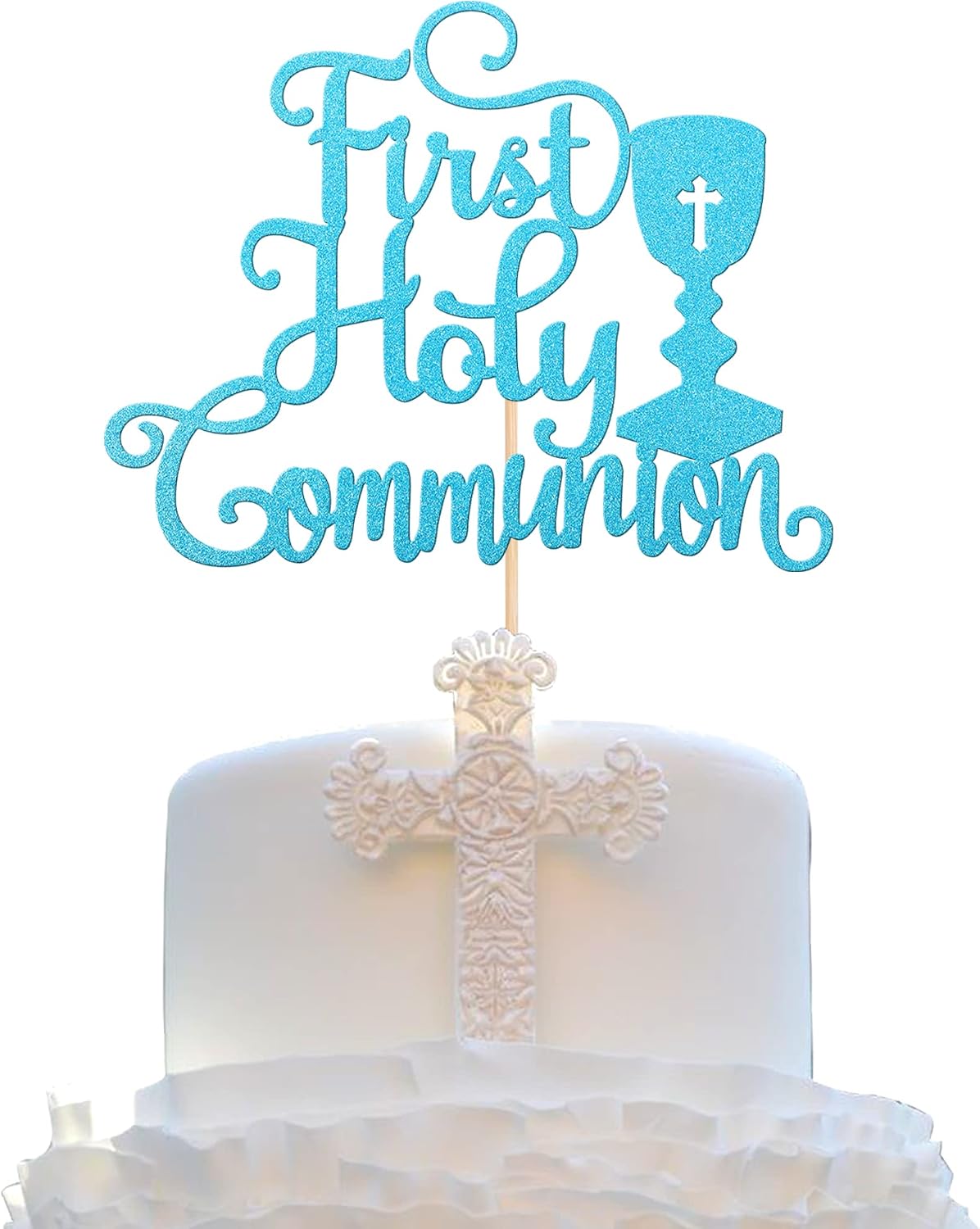 1 PCS First Holy Communion Cake Topper Glitter God Bless and Cross Cake Pick Baby Baptism Cake Decoration for First Communion Theme Baby Shower Birthday Party Decorations Supplies Blue